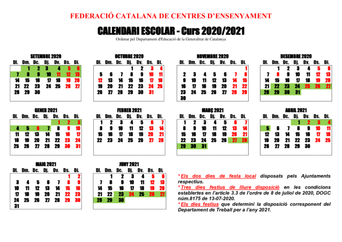 Publicat el Calendari Escolar del Curs 2020/2021